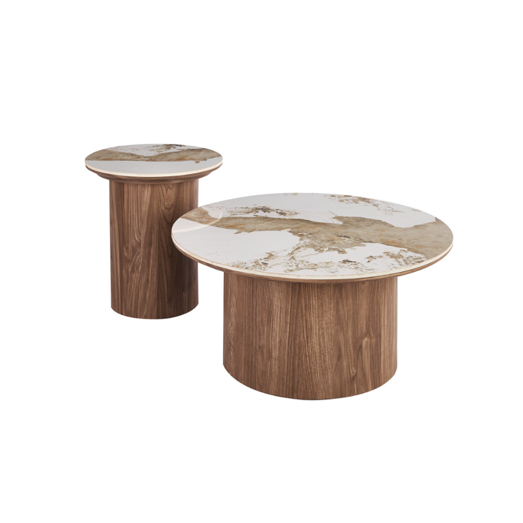 table basse ronde plateau effet marbre pied bois strié